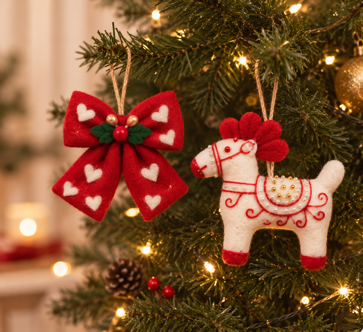 Classic Christmas Handmade Wool Felt Ornaments – Set of 4