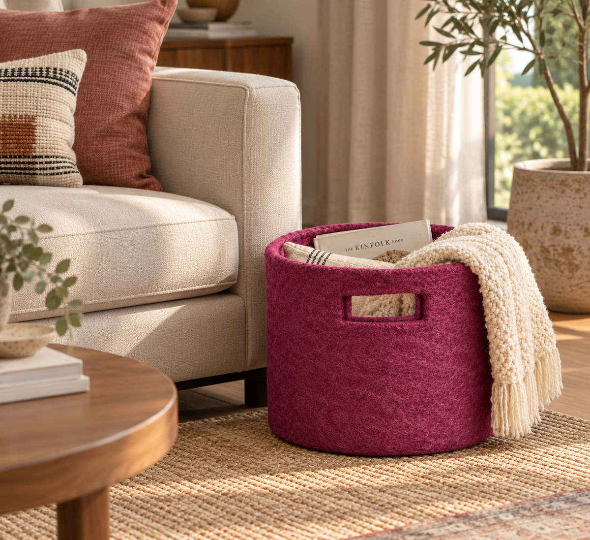 Blossom Pink Handmade Wool Felt Storage Basket