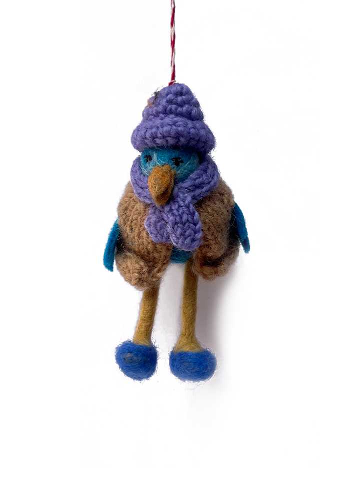 Blue and Brown Bird Felt and Wool Christmas Ornament