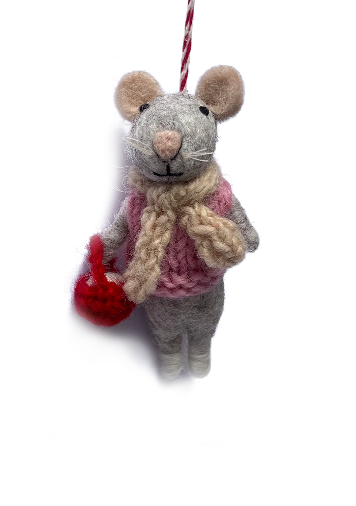 Grey Rat with Basket Felt and Wool Christmas Ornament