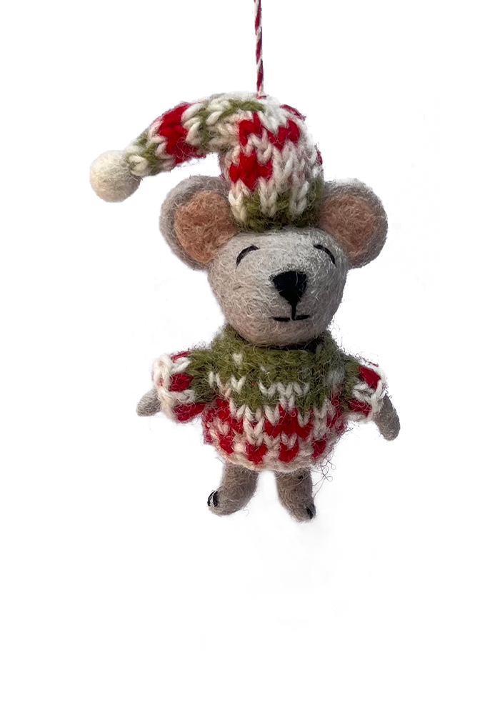 Grey Rat with Hat Felt and Wool Christmas Ornament